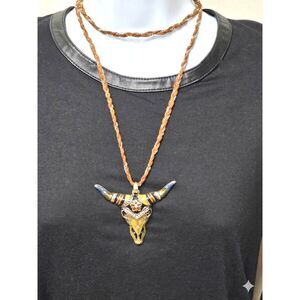 Longhorn Bull Skull Statement Necklace Western Enamel Braided Vegan Leather Boho